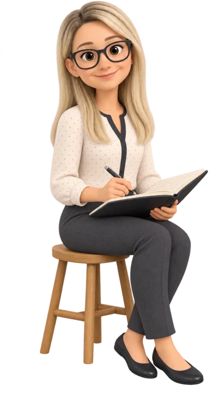 Liisa seated on a stool writing in a ledger
