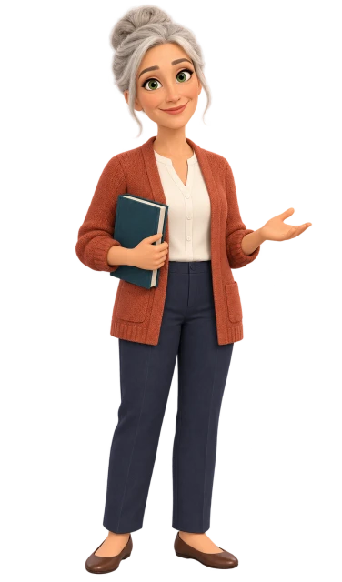 Maret with silver hair in a bun and a terracotta cardigan, holding a textbook