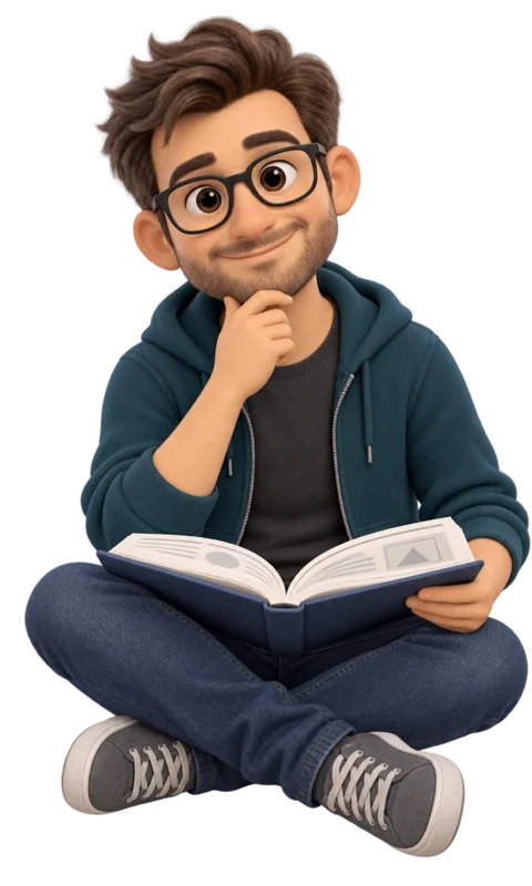 Ralf sitting cross-legged with an open reference book