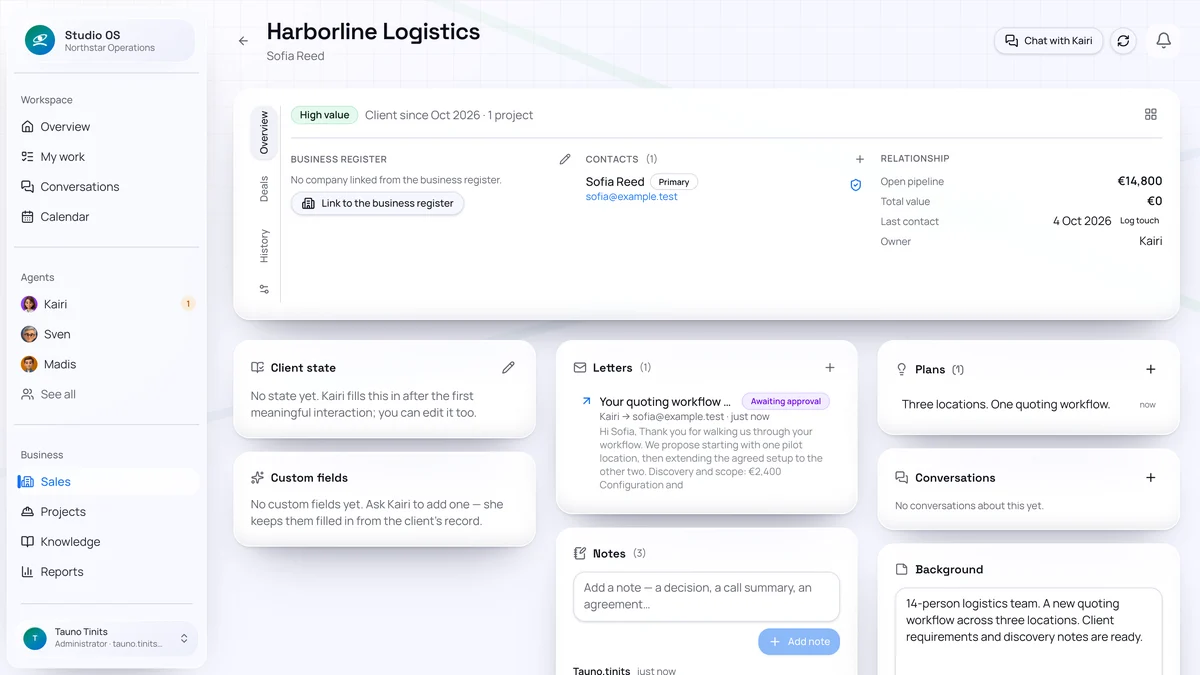 Studio OS client view for documents and related client work