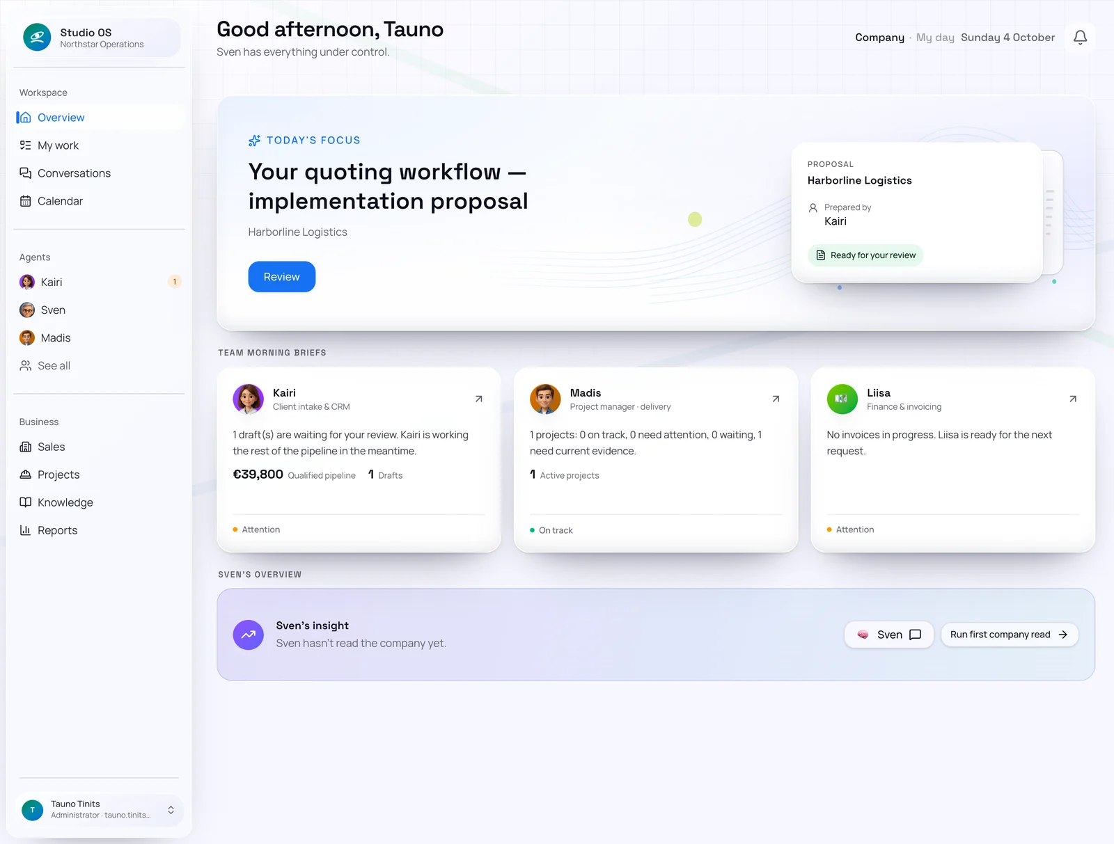 The Studio OS overview: today's focus, the team's read and Sven's assessment