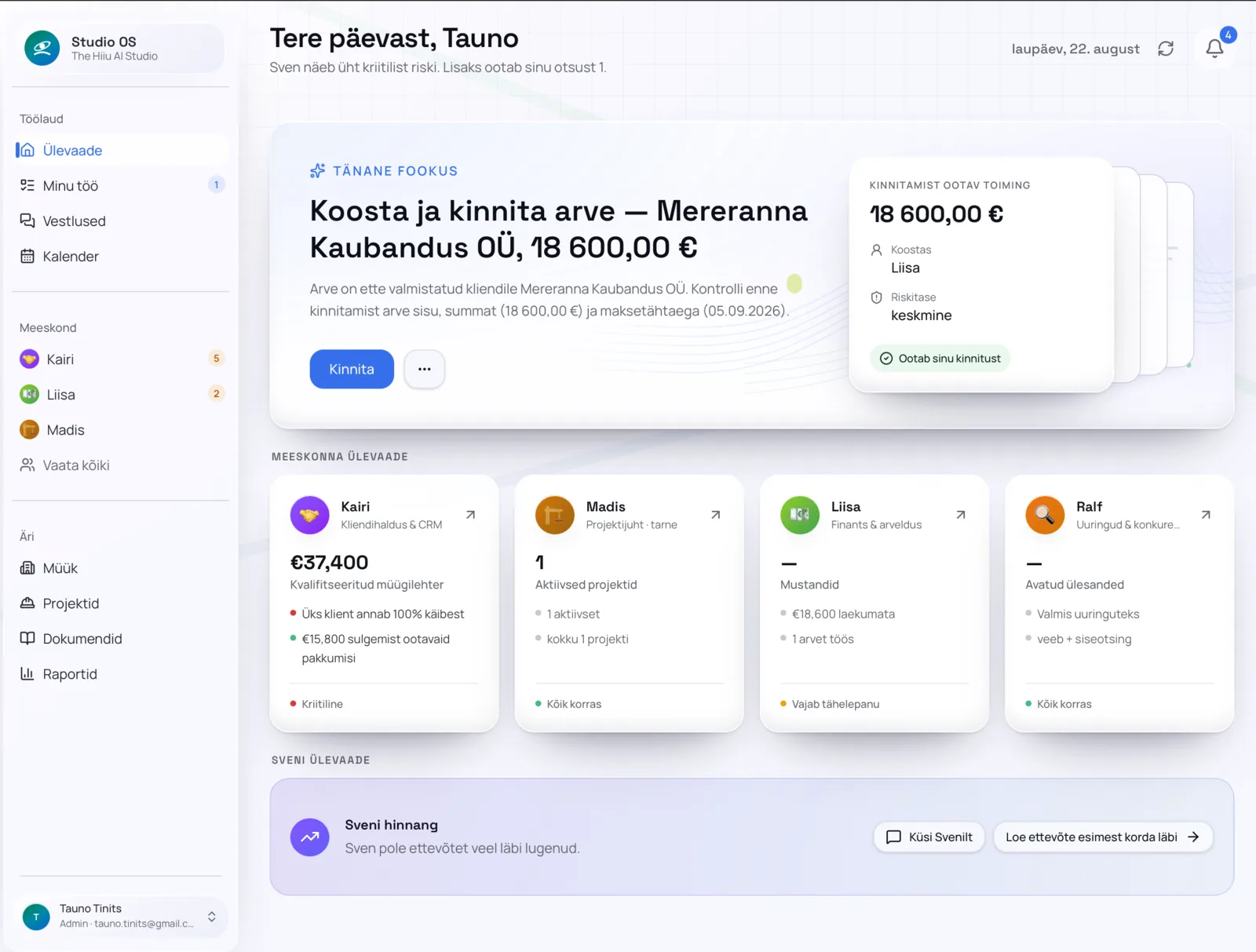 Studio OS-i ülevaatevaade: tänane fookus, meeskonna seis ja ootel kinnitused
