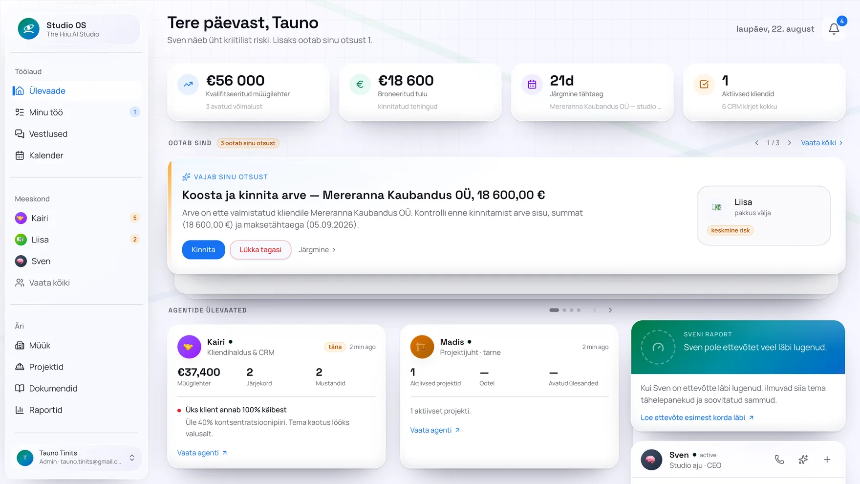 Studio OS-i ülevaatevaade: päeva näitajad, ootel otsused ja iga agendi seis omas valdkonnas