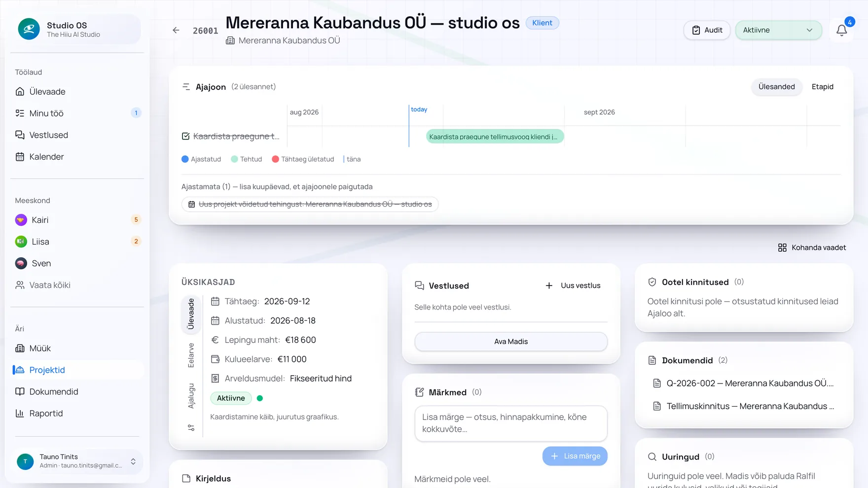 Projekti vaade Studio OS-is: ajajoon, eelarve ja dokumendid