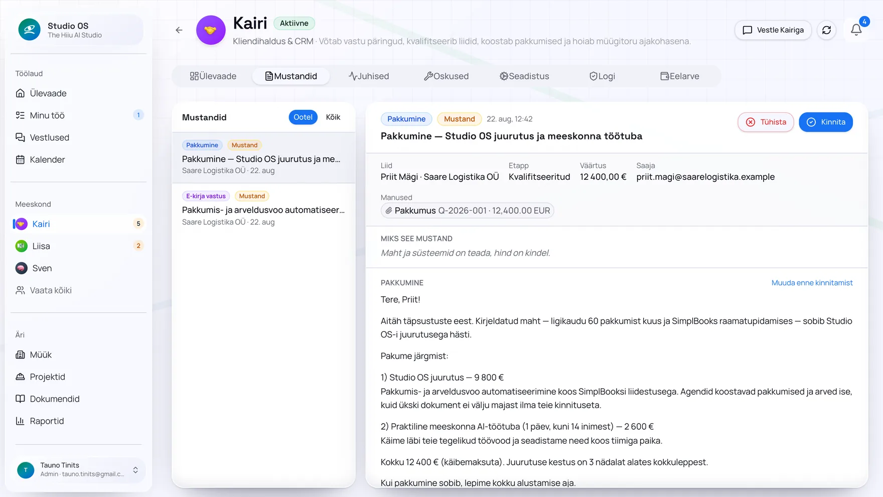 Kinnitust ootav pakkumine Studio OS-is